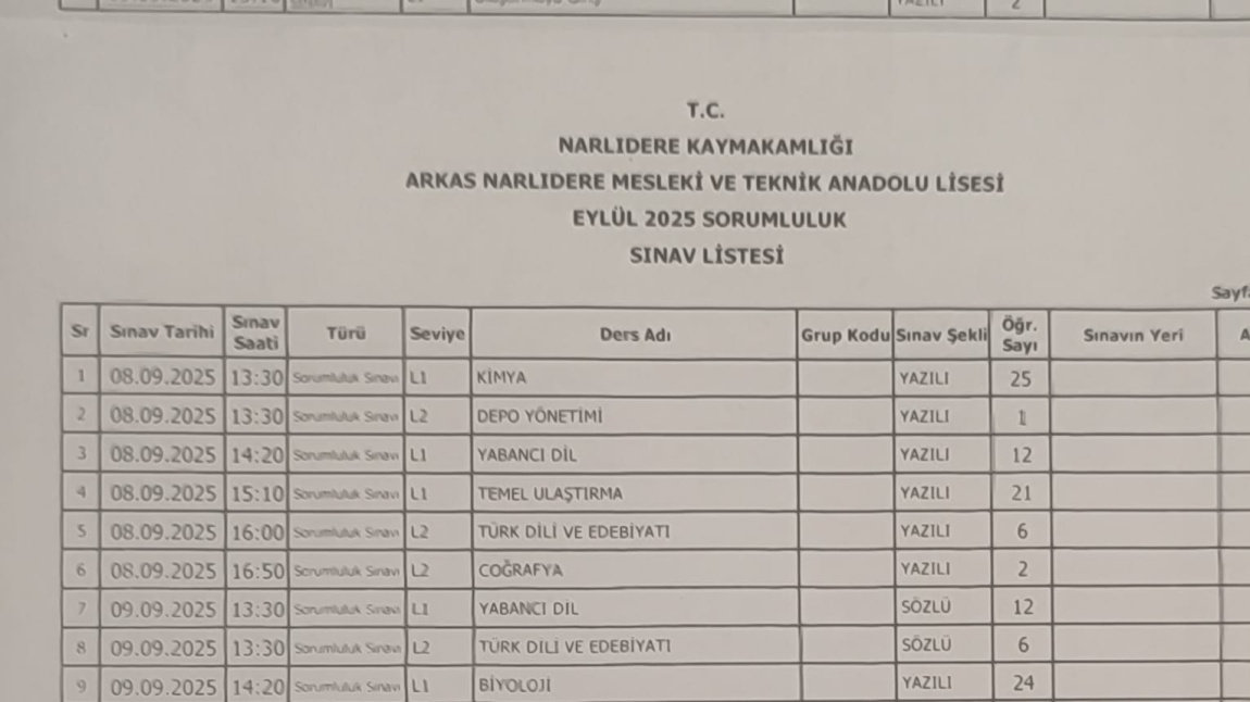ARKAS MTAL 2025-2026 EYLÜL AYI SORUMLULUK SINAVLARI